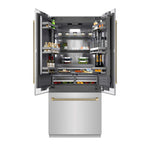 ZLINE Autograph Edition 36 in. 19.6 cu. ft. French Door Built-In Bottom Freezer Refrigerator with Water Dispenser and Ice Maker in Stainless Steel with Graphite Gray Interior and Champagne Bronze Helix Handles (GRBIVZ-30436KCB) front, open, displaying various food items on a white background.