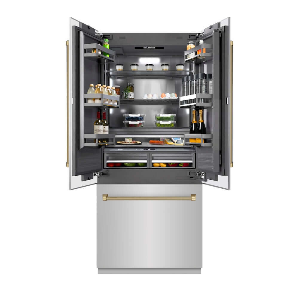 ZLINE Autograph Edition 36 in. 19.6 cu. ft. French Door Built-In Bottom Freezer Refrigerator with Water Dispenser and Ice Maker in Stainless Steel with Graphite Gray Interior and Champagne Bronze Helix Handles (GRBIVZ-30436KCB) front, open, displaying various food items on a white background.