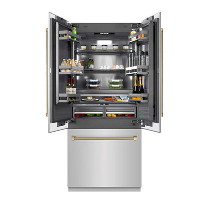 ZLINE Autograph Edition 36 in. 19.6 cu. ft. French Door Built-In Bottom Freezer Refrigerator with Water Dispenser and Ice Maker in Stainless Steel with Graphite Gray Interior and Champagne Bronze Helix Handles (GRBIVZ-30436KCB) front, open, displaying various food items on a white background.