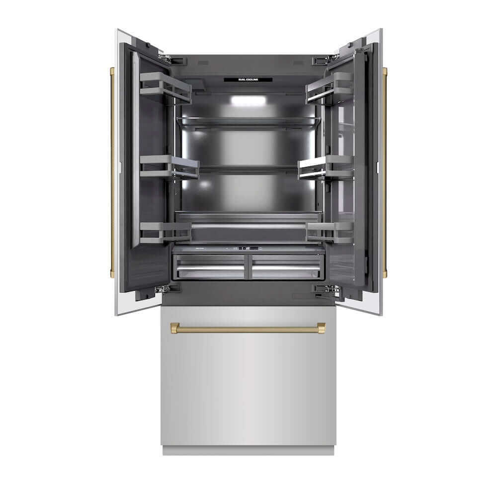 ZLINE Autograph Edition 36 in. 19.6 cu. ft. French Door Built-In Bottom Freezer Refrigerator with Water Dispenser and Ice Maker in Stainless Steel with Graphite Gray Interior and Champagne Bronze Helix Handles (GRBIVZ-30436KCB) front, refrigeration compartment open.