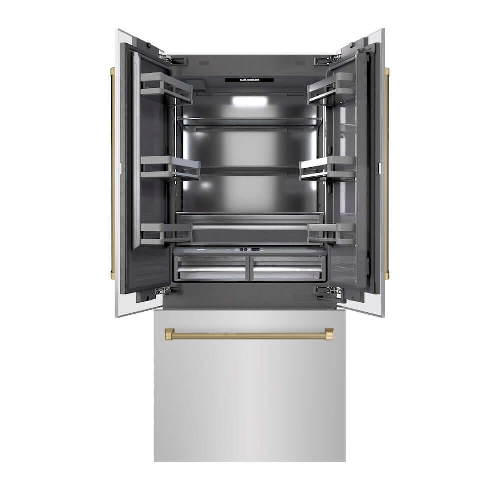 ZLINE Autograph Edition 36 in. 19.6 cu. ft. French Door Built-In Bottom Freezer Refrigerator with Water Dispenser and Ice Maker in Stainless Steel with Graphite Gray Interior and Champagne Bronze Helix Handles (GRBIVZ-30436KCB) front, refrigeration compartment and bottom freezer open.