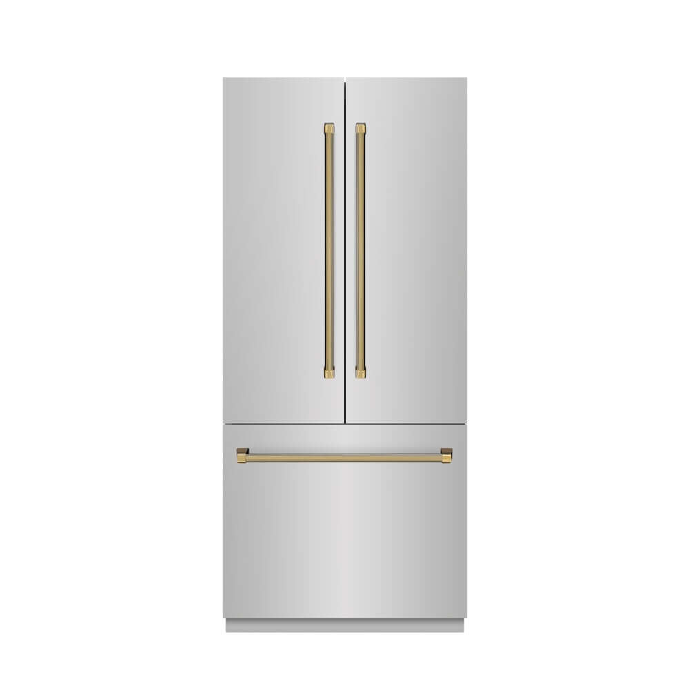 ZLINE Autograph Edition 36 in. 19.6 cu. ft. French Door Built-In Bottom Freezer Refrigerator with Water Dispenser and Ice Maker in Stainless Steel with Graphite Gray Interior and Polished Gold Helix Handles (GRBIVZ-30436KG) front, closed.