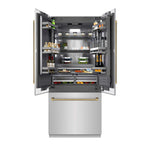 ZLINE Autograph Edition 36 in. 19.6 cu. ft. French Door Built-In Bottom Freezer Refrigerator with Water Dispenser and Ice Maker in Stainless Steel with Graphite Gray Interior and Polished Gold Helix Handles (GRBIVZ-30436KG) front, open, displaying various food items on a white background.