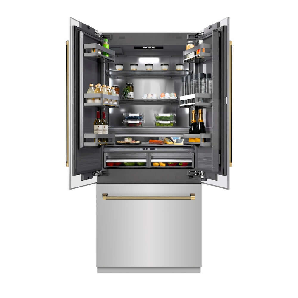 ZLINE Autograph Edition 36 in. 19.6 cu. ft. French Door Built-In Bottom Freezer Refrigerator with Water Dispenser and Ice Maker in Stainless Steel with Graphite Gray Interior and Polished Gold Helix Handles (GRBIVZ-30436KG) front, open, displaying various food items on a white background.