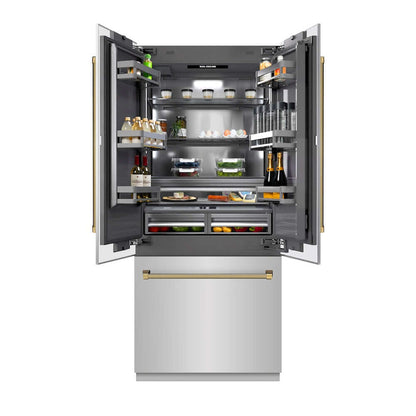 ZLINE Autograph Edition 36 in. 19.6 cu. ft. French Door Built-In Bottom Freezer Refrigerator with Water Dispenser and Ice Maker in Stainless Steel with Graphite Gray Interior and Polished Gold Helix Handles (GRBIVZ-30436KG) front, open, displaying various food items on a white background.