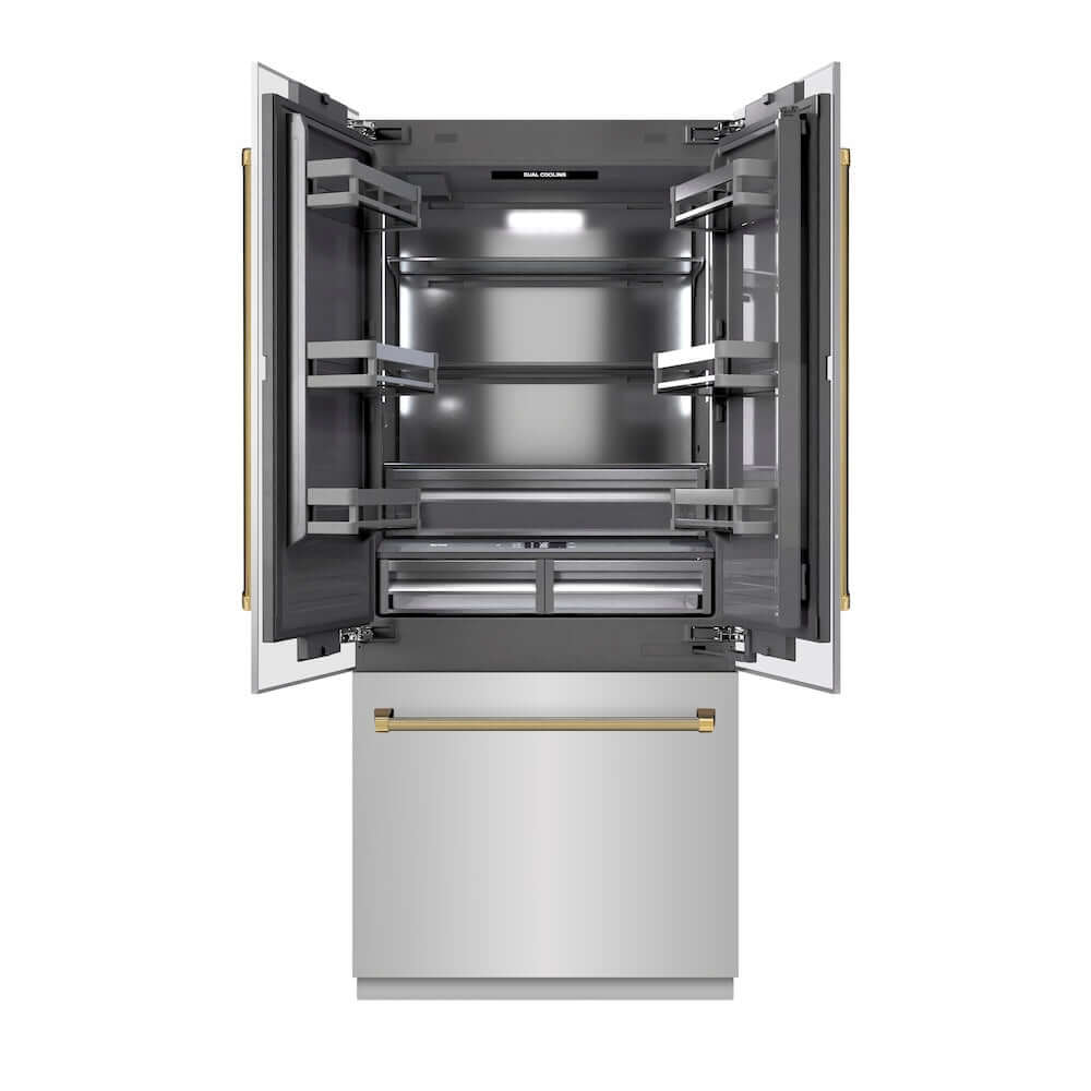 ZLINE Autograph Edition 36 in. 19.6 cu. ft. French Door Built-In Bottom Freezer Refrigerator with Water Dispenser and Ice Maker in Stainless Steel with Graphite Gray Interior and Polished Gold Helix Handles (GRBIVZ-30436KG) front, refrigeration compartment open.