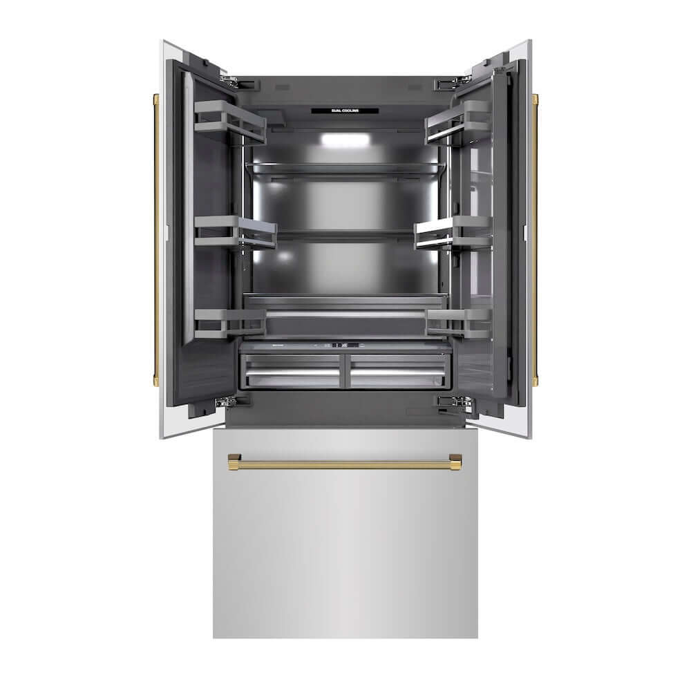 ZLINE Autograph Edition 36 in. 19.6 cu. ft. French Door Built-In Bottom Freezer Refrigerator with Water Dispenser and Ice Maker in Stainless Steel with Graphite Gray Interior and Polished Gold Helix Handles (GRBIVZ-30436KG) front, refrigeration compartment and bottom freezer open.