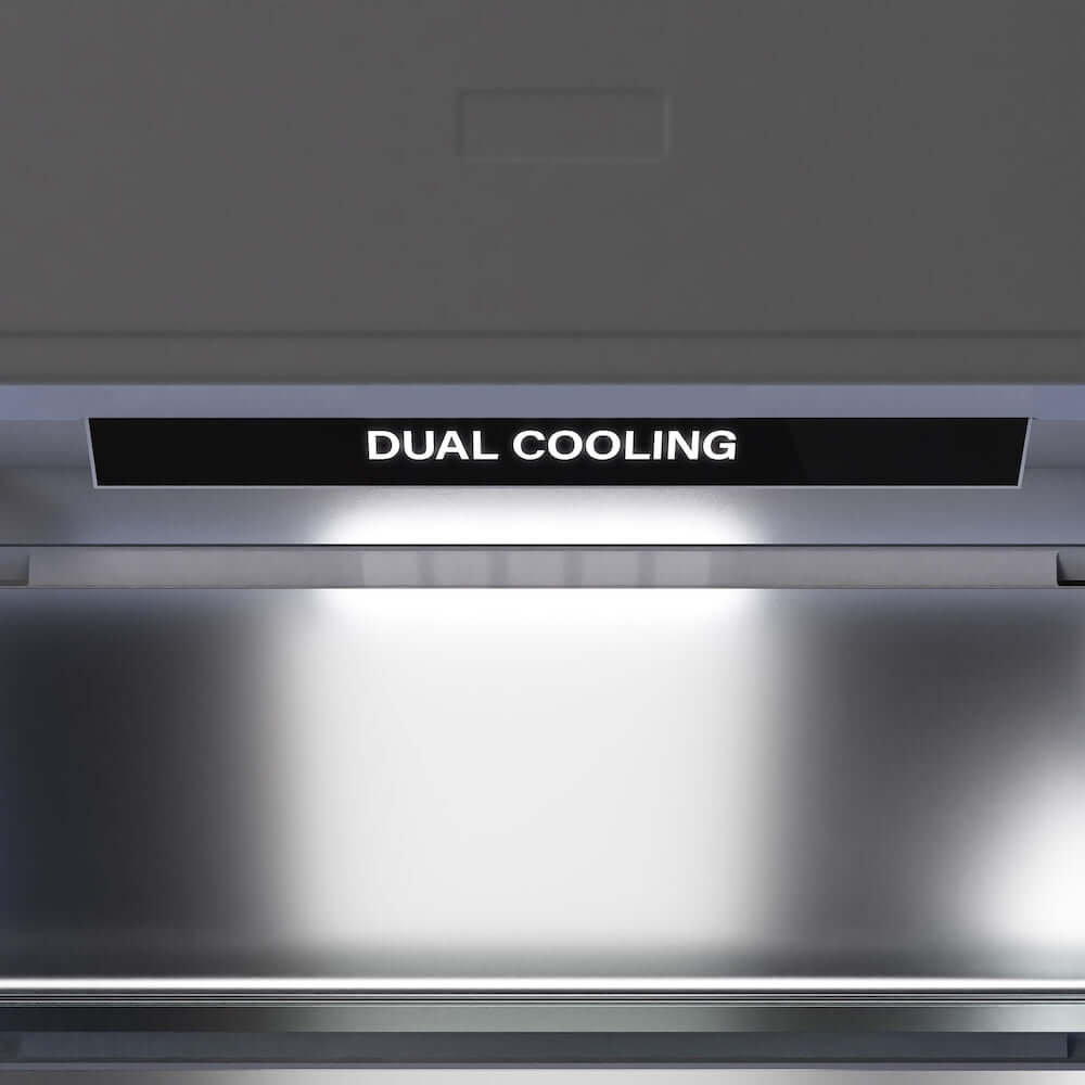 ZLINE Autograph Edition 36 in. 19.6 cu. ft. French Door Built-In Bottom Freezer Refrigerator with Water Dispenser and Ice Maker in Stainless Steel with Graphite Gray Interior and Polished Nickel Helix Handles (GRBIVZ-30436KPN) dual cooling technology.