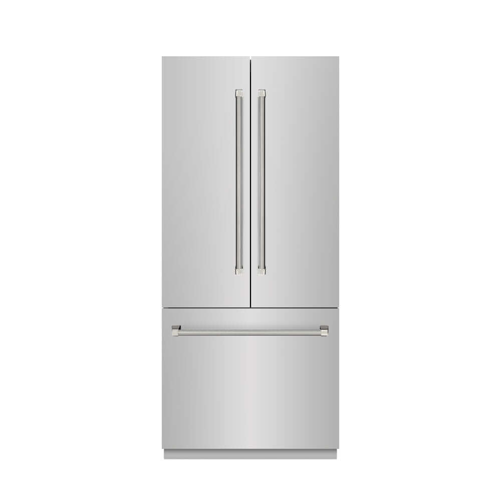 ZLINE Autograph Edition 36 in. 19.6 cu. ft. French Door Built-In Bottom Freezer Refrigerator with Water Dispenser and Ice Maker in Stainless Steel with Graphite Gray Interior and Polished Nickel Helix Handles (GRBIVZ-30436KPN) front, closed.