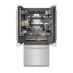 ZLINE Autograph Edition 36 in. 19.6 cu. ft. French Door Built-In Bottom Freezer Refrigerator with Water Dispenser and Ice Maker in Stainless Steel with Graphite Gray Interior and Polished Nickel Helix Handles (GRBIVZ-30436KPN) front, open, displaying various food items on a white background.