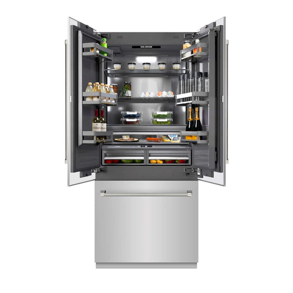 ZLINE Autograph Edition 36 in. 19.6 cu. ft. French Door Built-In Bottom Freezer Refrigerator with Water Dispenser and Ice Maker in Stainless Steel with Graphite Gray Interior and Polished Nickel Helix Handles (GRBIVZ-30436KPN) front, open, displaying various food items on a white background.