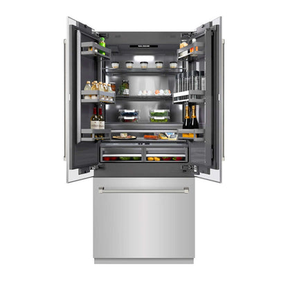 ZLINE Autograph Edition 36 in. 19.6 cu. ft. French Door Built-In Bottom Freezer Refrigerator with Water Dispenser and Ice Maker in Stainless Steel with Graphite Gray Interior and Polished Nickel Helix Handles (GRBIVZ-30436KPN) front, open, displaying various food items on a white background.