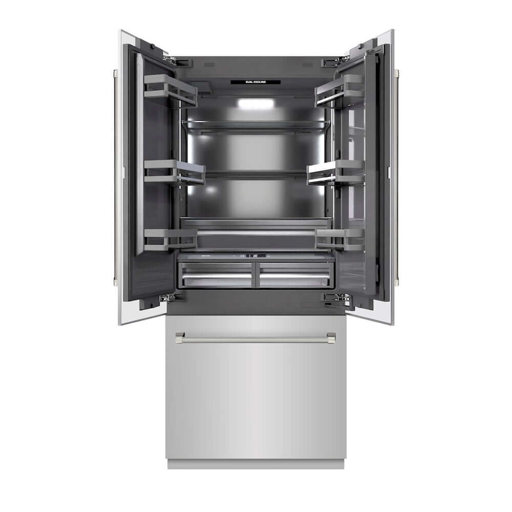 ZLINE Autograph Edition 36 in. 19.6 cu. ft. French Door Built-In Bottom Freezer Refrigerator with Water Dispenser and Ice Maker in Stainless Steel with Graphite Gray Interior and Polished Nickel Helix Handles (GRBIVZ-30436KPN) front, refrigeration compartment open.
