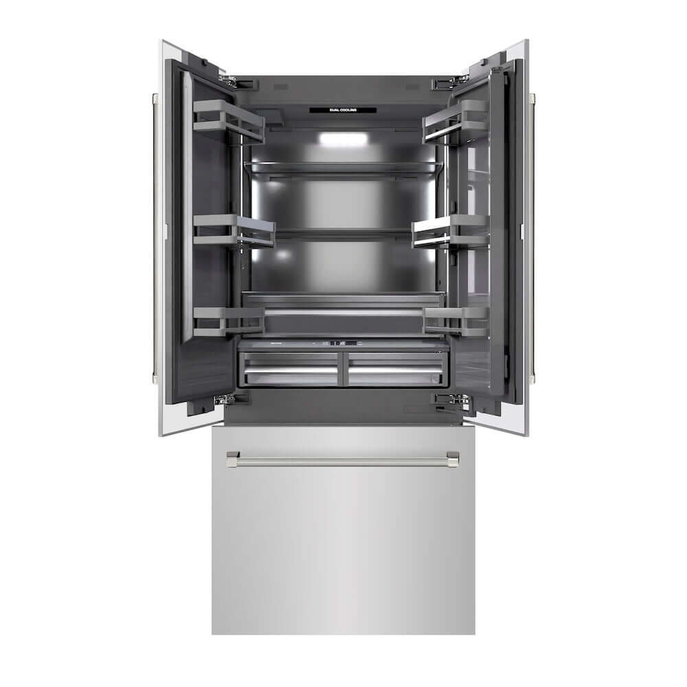 ZLINE Autograph Edition 36 in. 19.6 cu. ft. French Door Built-In Bottom Freezer Refrigerator with Water Dispenser and Ice Maker in Stainless Steel with Graphite Gray Interior and Polished Nickel Helix Handles (GRBIVZ-30436KPN) front, refrigeration compartment and bottom freezer open.