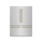 ZLINE Autograph Edition 60 in. 32.2 cu. ft. French Door Built-In Bottom Freezer Refrigerator with Water Dispenser and Ice Maker in Stainless Steel with Graphite Gray Interior and Champagne Bronze Helix Handles (GRBIVZ-30460KCB) front, closed.