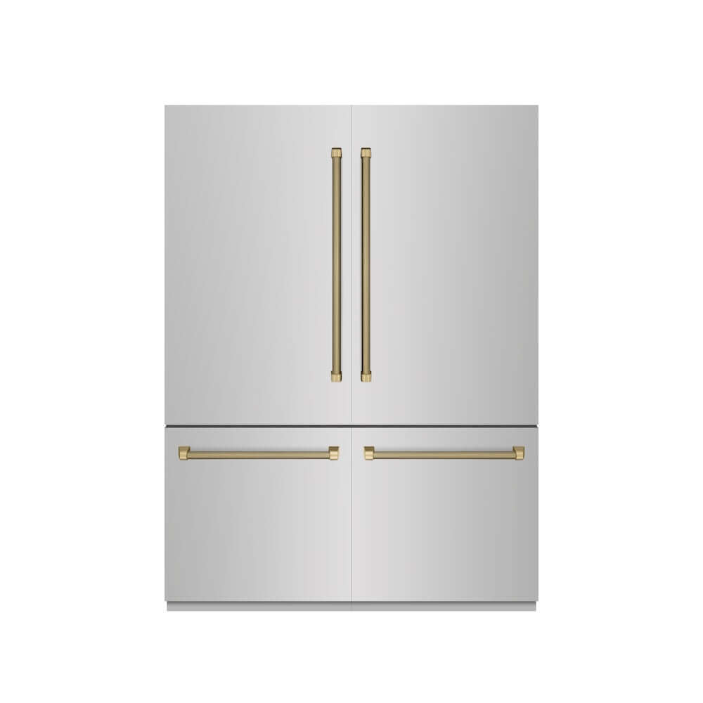 ZLINE Autograph Edition 60 in. 32.2 cu. ft. French Door Built-In Bottom Freezer Refrigerator with Water Dispenser and Ice Maker in Stainless Steel with Graphite Gray Interior and Champagne Bronze Helix Handles (GRBIVZ-30460KCB) front, closed.