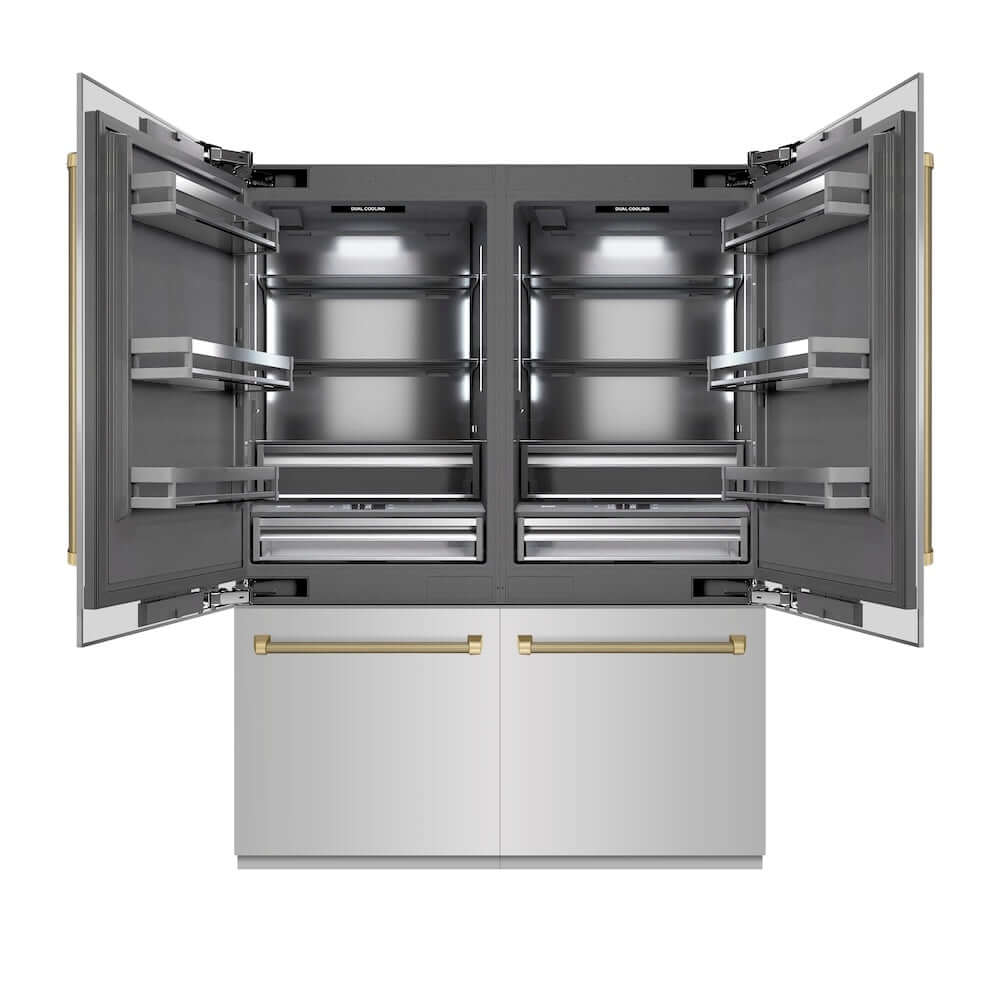 ZLINE Autograph Edition 60 in. 32.2 cu. ft. French Door Built-In Bottom Freezer Refrigerator with Water Dispenser and Ice Maker in Stainless Steel with Graphite Gray Interior and Champagne Bronze Helix Handles (GRBIVZ-30460KCB) main image.