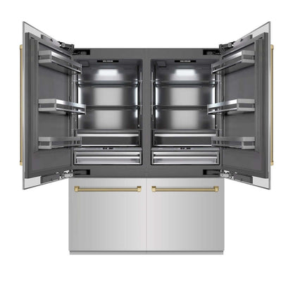ZLINE Autograph Edition 60 in. 32.2 cu. ft. French Door Built-In Bottom Freezer Refrigerator with Water Dispenser and Ice Maker in Stainless Steel with Graphite Gray Interior and Champagne Bronze Helix Handles (GRBIVZ-30460KCB) front, refrigeration compartment open.