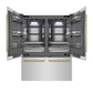 ZLINE Autograph Edition 60 in. 32.2 cu. ft. French Door Built-In Bottom Freezer Refrigerator with Water Dispenser and Ice Maker in Stainless Steel with Graphite Gray Interior and Champagne Bronze Helix Handles (GRBIVZ-30460KCB) front, refrigeration compartment and bottom freezer open.