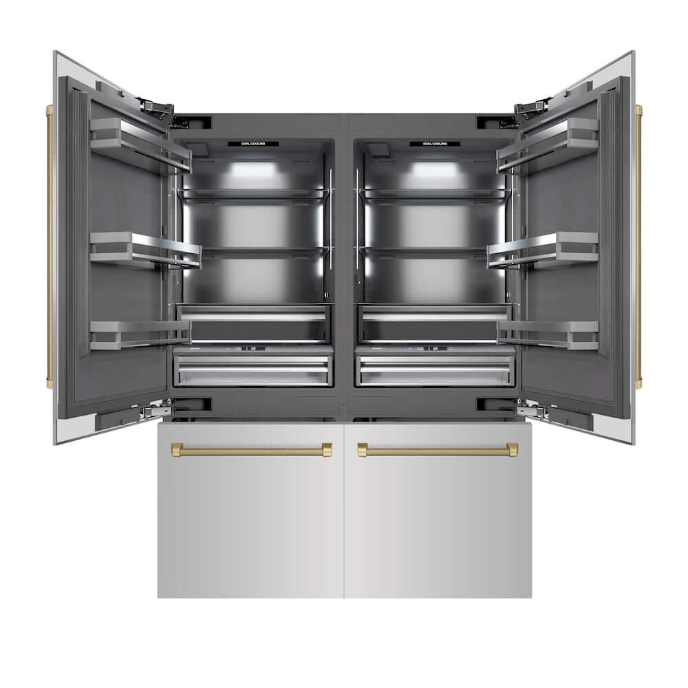ZLINE Autograph Edition 60 in. 32.2 cu. ft. French Door Built-In Bottom Freezer Refrigerator with Water Dispenser and Ice Maker in Stainless Steel with Graphite Gray Interior and Champagne Bronze Helix Handles (GRBIVZ-30460KCB) front, refrigeration compartment and bottom freezer open.