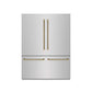 ZLINE Autograph Edition 60 in. 32.2 cu. ft. French Door Built-In Bottom Freezer Refrigerator with Water Dispenser and Ice Maker in Stainless Steel with Graphite Gray Interior and Polished Gold Helix Handles (GRBIVZ-30460KG) front, closed.