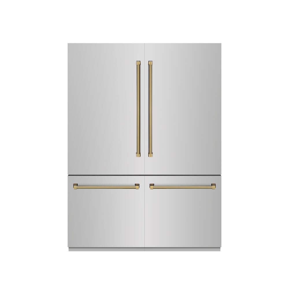 ZLINE Autograph Edition 60 in. 32.2 cu. ft. French Door Built-In Bottom Freezer Refrigerator with Water Dispenser and Ice Maker in Stainless Steel with Graphite Gray Interior and Polished Gold Helix Handles (GRBIVZ-30460KG) front, closed.