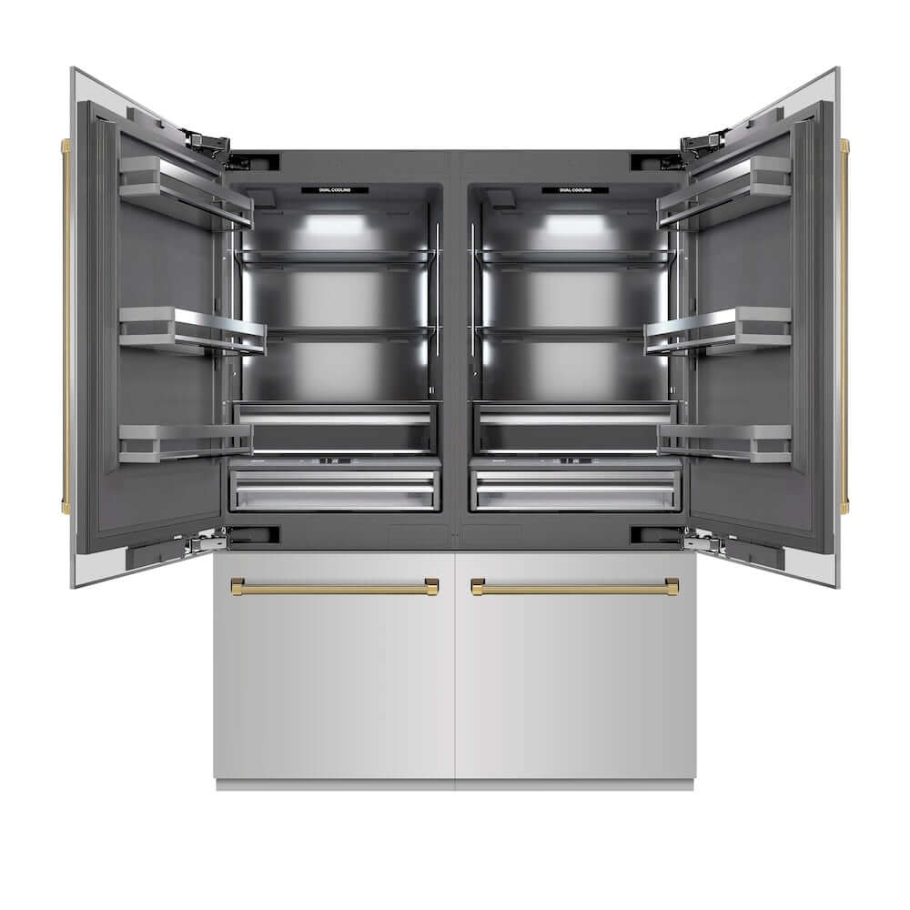 ZLINE Autograph Edition 60 in. 32.2 cu. ft. French Door Built-In Bottom Freezer Refrigerator with Water Dispenser and Ice Maker in Stainless Steel with Graphite Gray Interior and Polished Gold Helix Handles (GRBIVZ-30460KG) main image.