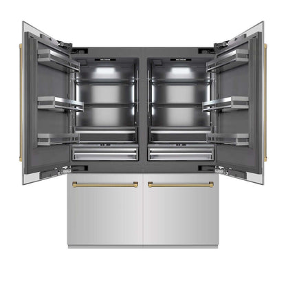 ZLINE Autograph Edition 60 in. 32.2 cu. ft. French Door Built-In Bottom Freezer Refrigerator with Water Dispenser and Ice Maker in Stainless Steel with Graphite Gray Interior and Polished Gold Helix Handles (GRBIVZ-30460KG) front, refrigeration compartment open.