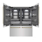ZLINE Autograph Edition 60 in. 32.2 cu. ft. French Door Built-In Bottom Freezer Refrigerator with Water Dispenser and Ice Maker in Stainless Steel with Graphite Gray Interior and Polished Gold Helix Handles (GRBIVZ-30460KG) front, refrigeration compartment and bottom freezer open.