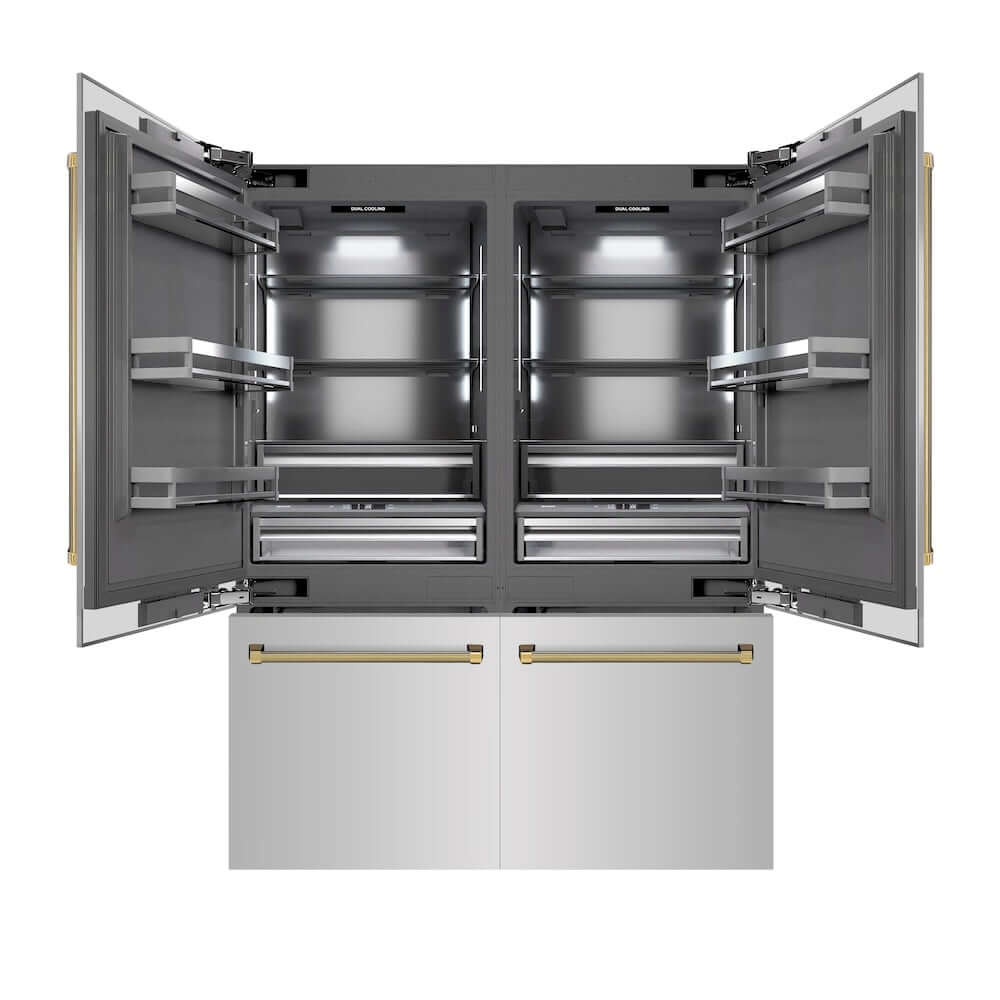 ZLINE Autograph Edition 60 in. 32.2 cu. ft. French Door Built-In Bottom Freezer Refrigerator with Water Dispenser and Ice Maker in Stainless Steel with Graphite Gray Interior and Polished Gold Helix Handles (GRBIVZ-30460KG) front, refrigeration compartment and bottom freezer open.