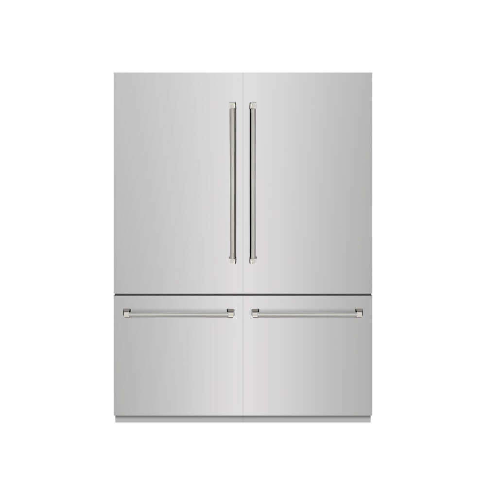 ZLINE Autograph Edition 60 in. 32.2 cu. ft. French Door Built-In Bottom Freezer Refrigerator with Water Dispenser and Ice Maker in Stainless Steel with Graphite Gray Interior and Polished Nickel Helix Handles (GRBIVZ-30460KPN) front, closed.
