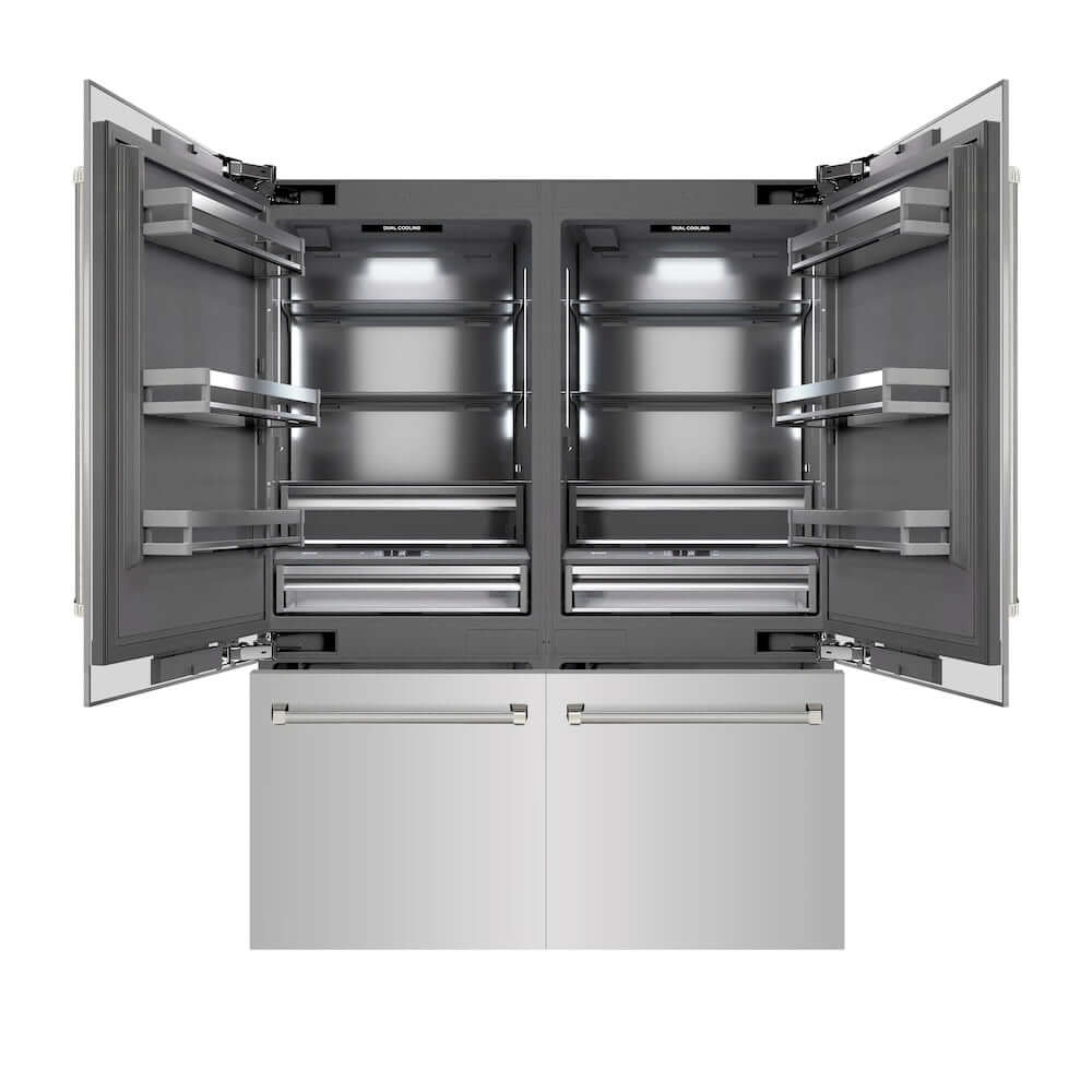 ZLINE Autograph Edition 60 in. 32.2 cu. ft. French Door Built-In Bottom Freezer Refrigerator with Water Dispenser and Ice Maker in Stainless Steel with Graphite Gray Interior and Polished Nickel Helix Handles (GRBIVZ-30460KPN) front, refrigeration compartment and bottom freezer open.