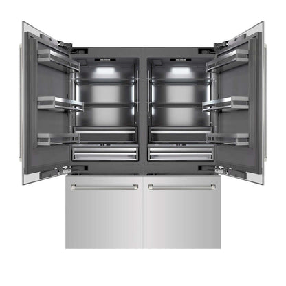 ZLINE Autograph Edition 60 in. 32.2 cu. ft. French Door Built-In Bottom Freezer Refrigerator with Water Dispenser and Ice Maker in Stainless Steel with Graphite Gray Interior and Polished Nickel Helix Handles (GRBIVZ-30460KPN) front, refrigeration compartment and bottom freezer open.