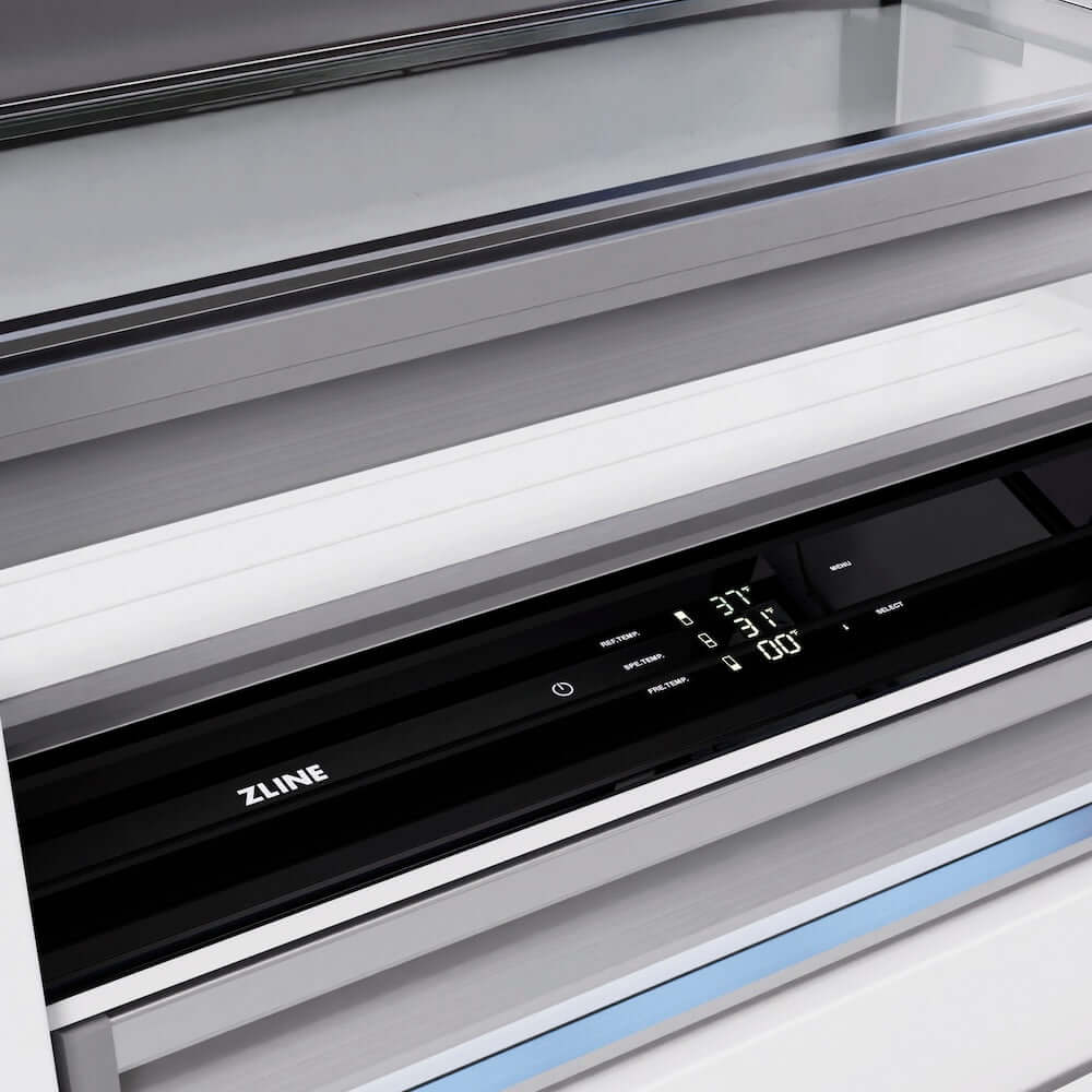 ZLINE 36 in. 19.8 cu. ft. Built-In Bottom Freezer Refrigerator with Water Dispenser and Ice Maker in Stainless Steel (RBIT-304-36) close-up detail, refrigerator and freezer temperature controls.