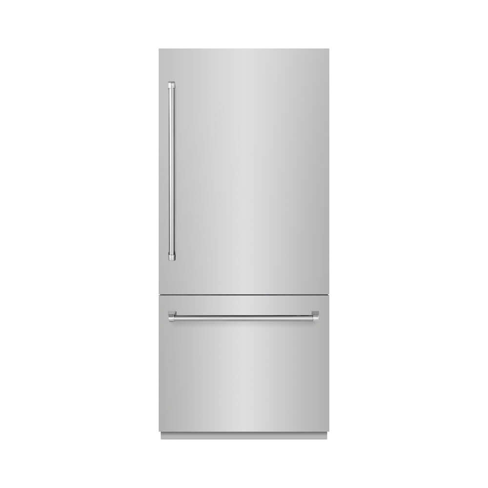 ZLINE 36 in. 19.8 cu. ft. Built-In Bottom Freezer Refrigerator with Water Dispenser and Ice Maker in Stainless Steel (RBIT-304-36) front, closed.