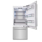 ZLINE 36 in. 19.8 cu. ft. Built-In Bottom Freezer Refrigerator with Water Dispenser and Ice Maker in Stainless Steel (RBIT-304-36) front, refrigeration compartment open.