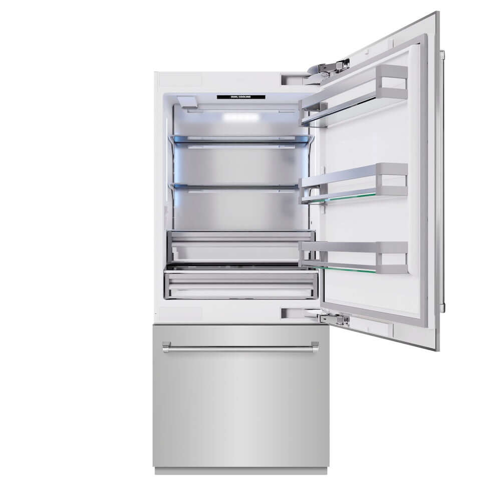 ZLINE 36 in. 19.8 cu. ft. Built-In Bottom Freezer Refrigerator with Water Dispenser and Ice Maker in Stainless Steel (RBIT-304-36) front, refrigeration compartment open.