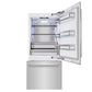 ZLINE 36 in. 19.8 cu. ft. Built-In Bottom Freezer Refrigerator with Water Dispenser and Ice Maker in Stainless Steel (RBIT-304-36) front, refrigeration compartment and bottom freezer drawers open.