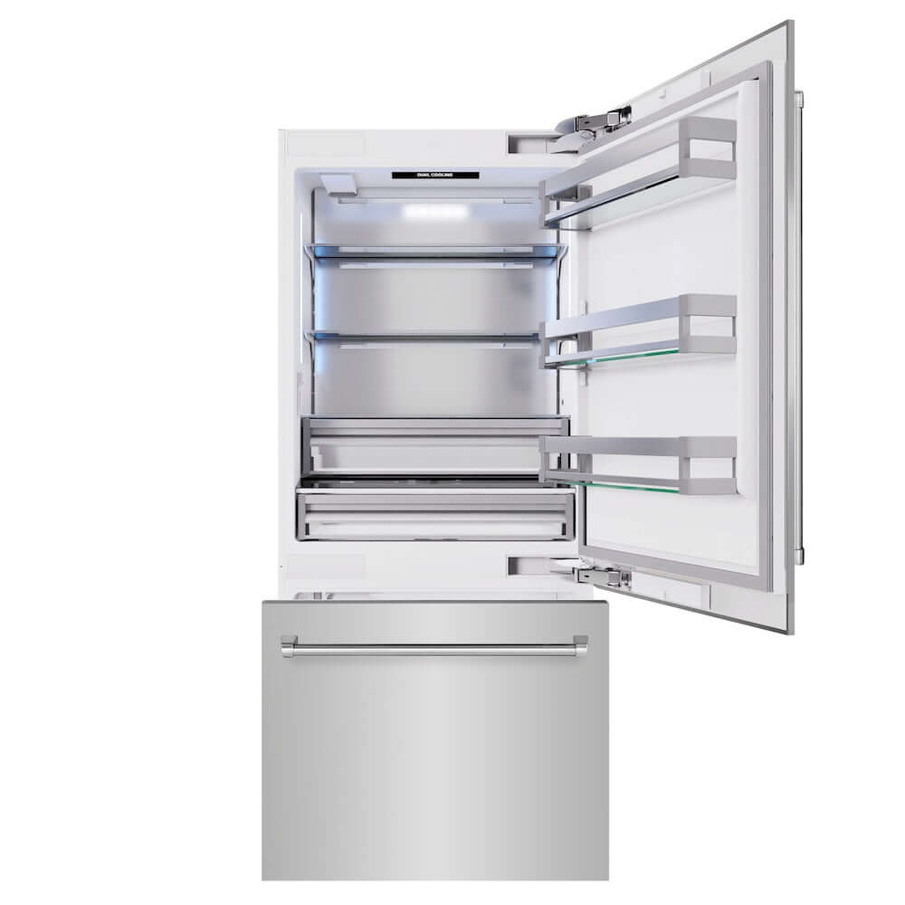 ZLINE 36 in. 19.8 cu. ft. Built-In Bottom Freezer Refrigerator with Water Dispenser and Ice Maker in Stainless Steel (RBIT-304-36) front, refrigeration compartment and bottom freezer drawers open.