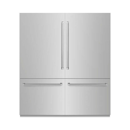 ZLINE 72 in. 39.6 cu. ft. French Door Built-In Bottom Freezer Refrigerator with Water Dispensers and Ice Makers in Stainless Steel (RBIT-304-72) front, closed.