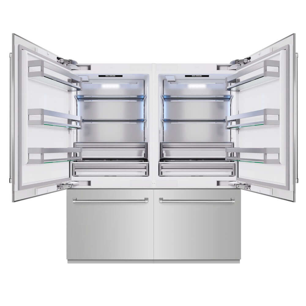 ZLINE 72 in. 39.6 cu. ft. French Door Built-In Bottom Freezer Refrigerator with Water Dispensers and Ice Makers in Stainless Steel (RBIT-304-72) front, refrigeration compartment open.