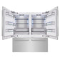 ZLINE 72 in. 39.6 cu. ft. French Door Built-In Bottom Freezer Refrigerator with Water Dispensers and Ice Makers in Stainless Steel (RBIT-304-72) front, refrigeration compartment and bottom freezer drawers open.