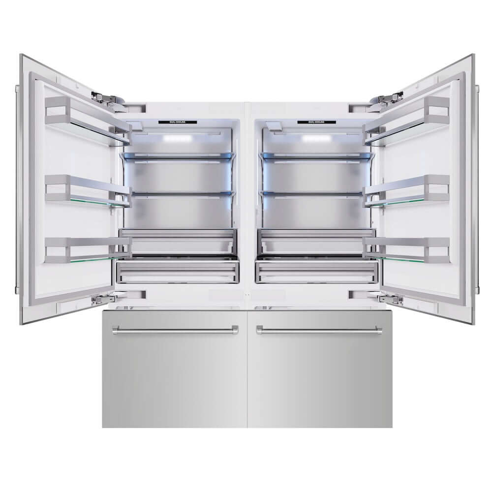 ZLINE 72 in. 39.6 cu. ft. French Door Built-In Bottom Freezer Refrigerator with Water Dispensers and Ice Makers in Stainless Steel (RBIT-304-72) front, refrigeration compartment and bottom freezer drawers open.