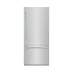 ZLINE Autograph Edition 36 in. 19.8 cu. ft. Built-In Bottom Freezer Refrigerator with Water Dispenser and Ice Maker in Stainless Steel with Champagne Bronze Accents (RBITZ-304-36CB) front, closed.
