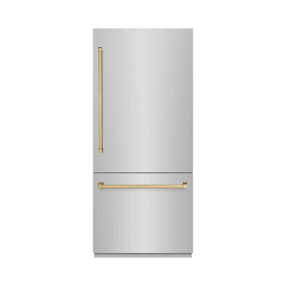 ZLINE Autograph Edition 36 in. 19.8 cu. ft. Built-In Bottom Freezer Refrigerator with Water Dispenser and Ice Maker in Stainless Steel with Champagne Bronze Accents (RBITZ-304-36CB) front, closed.