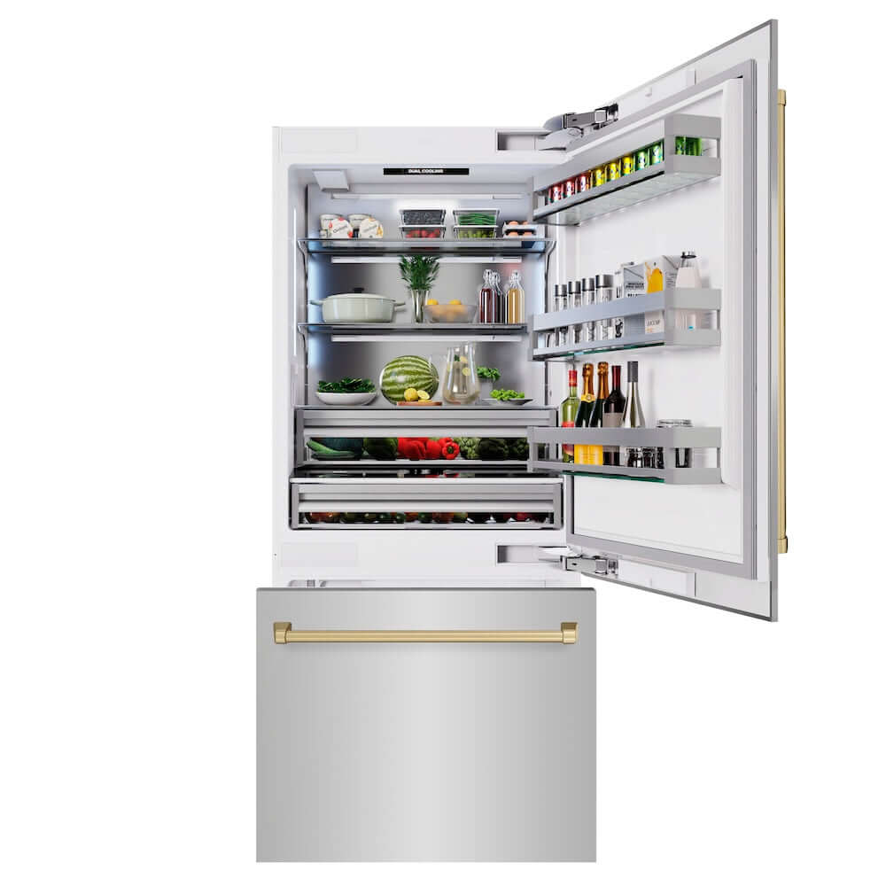 ZLINE Autograph Edition 36 in. 19.8 cu. ft. Built-In Bottom Freezer Refrigerator with Water Dispenser and Ice Maker in Stainless Steel with Champagne Bronze Accents (RBITZ-304-36CB)
