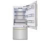 ZLINE Autograph Edition 36 in. 19.8 cu. ft. Built-In Bottom Freezer Refrigerator with Water Dispenser and Ice Maker in Stainless Steel with Champagne Bronze Accents (RBITZ-304-36CB) front, refrigeration compartment open.