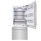 ZLINE Autograph Edition 36 in. 19.8 cu. ft. Built-In Bottom Freezer Refrigerator with Water Dispenser and Ice Maker in Stainless Steel with Champagne Bronze Accents (RBITZ-304-36CB) front, refrigeration compartment and bottom freezer drawers open.