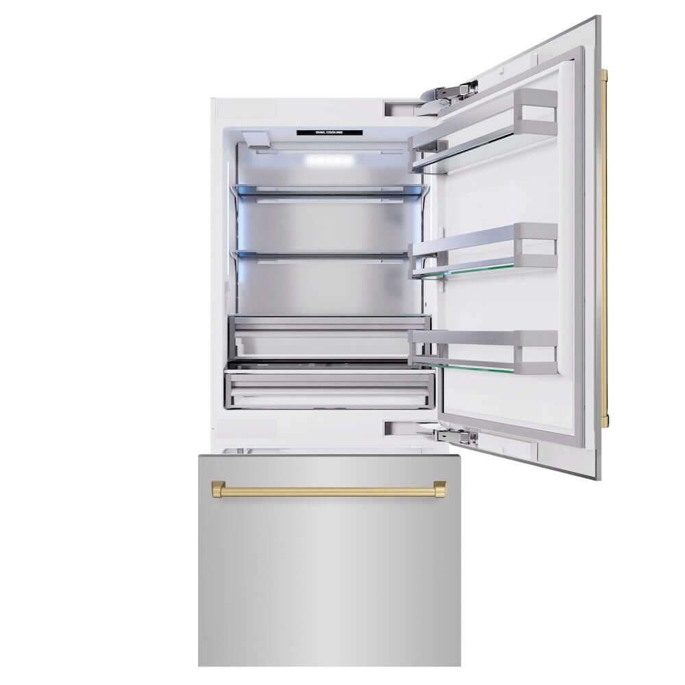 ZLINE Autograph Edition 36 in. 19.8 cu. ft. Built-In Bottom Freezer Refrigerator with Water Dispenser and Ice Maker in Stainless Steel with Champagne Bronze Accents (RBITZ-304-36CB) front, refrigeration compartment and bottom freezer drawers open.
