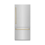 ZLINE Autograph Edition 36 in. 19.8 cu. ft. Built-In Bottom Freezer Refrigerator with Water Dispenser and Ice Maker in Stainless Steel with Polished Gold Accents (RBITZ-304-36G) front, closed.
